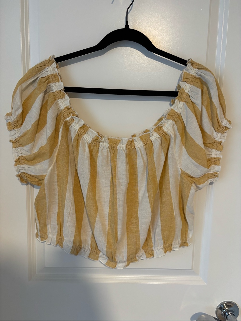 AE Striped Mustard and White Off-Shoulder Crop Top